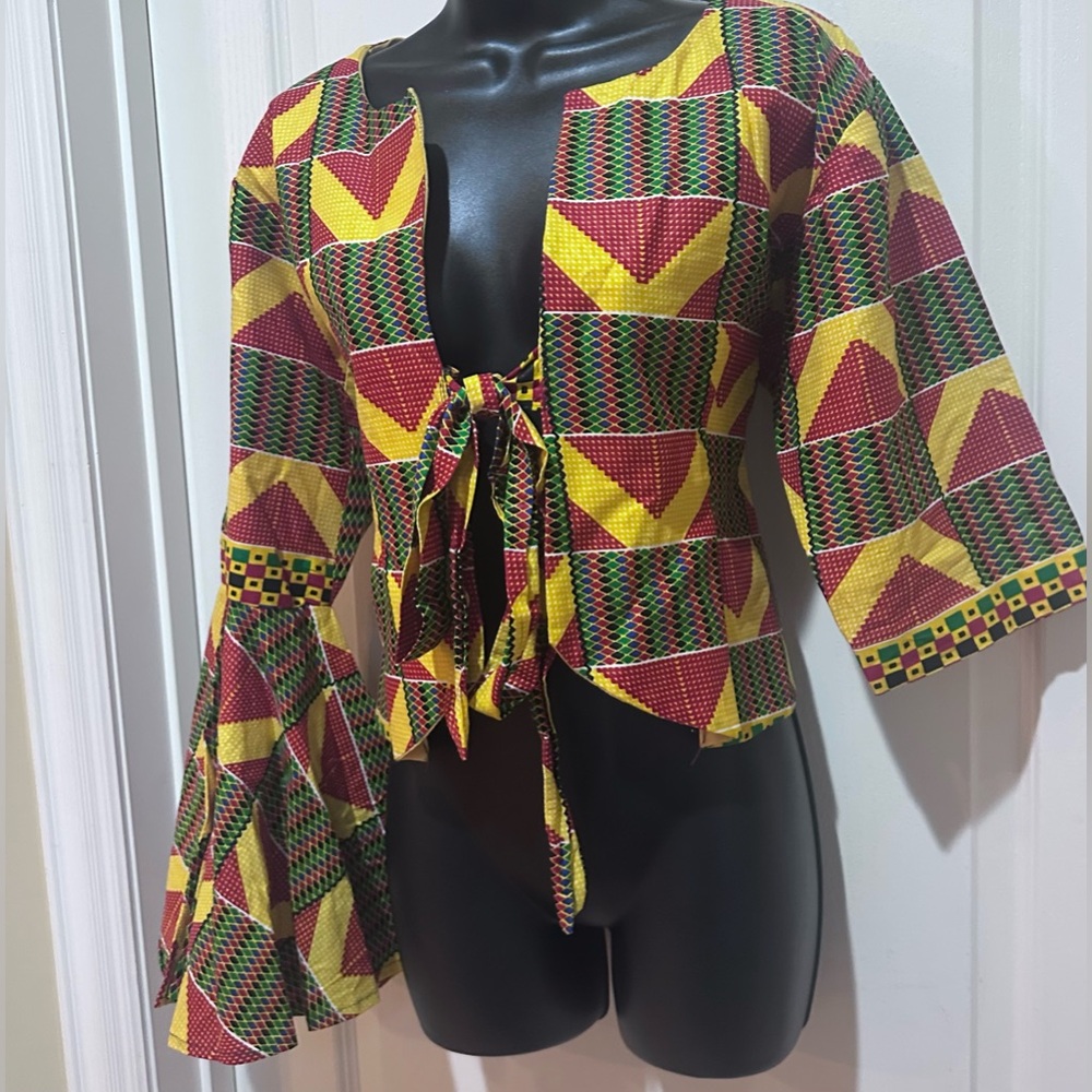 Upcycled handmade Vibrant Multicolor one sleeve peplum tie front Top size M - Picture 4 of 7